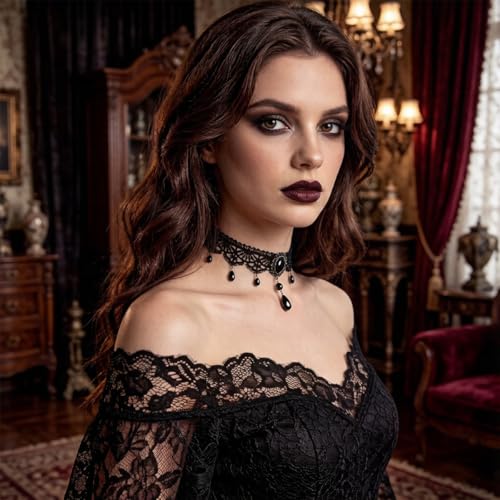 Goth Black Lace Choker Necklace for Women Gothic Vampire Necklace Halloween Victorian Dress Costume Accessories - color: Black3