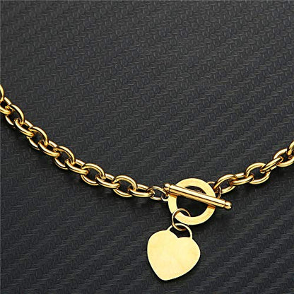 WangGao Elegent Love Stainless Steel Link Chain Blank Heart Charms Necklace for Women Toggle Clasp Closure - color: Gold, size: 15.74inches
