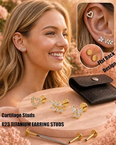 YACHY ASTM F136 G23 Titanium Flat Back Stud Earrings, Internally Threaded Screw-On Hypoallergenic Body Piercing Jewelry for Everyday Wear, Tragus Helix Conch Monroe Medusa Lip, 18G 6mm 8mm - color: Blooming Love--3pcs+3bar--Gold, size: 6mm+8mm