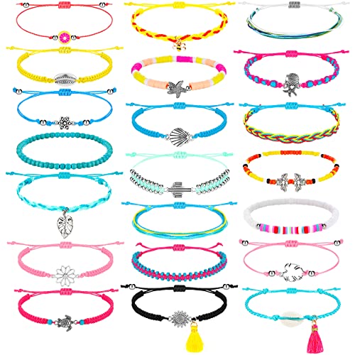 Hicarer 21 PC Surfer Wave Friendship Bracelet Set Waterproof Adjustable Boho Beach String Anklets Bulk, Summer Gift for Women - style: Multiple Style