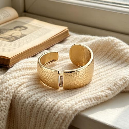 AsAlways 14K Gold Plated Hammered Cuff Bracelet for Women Wide Textured Open Cuff Bangle Statement Gold Chunky Bracelet Jewelry Gift - color: 02 Gold