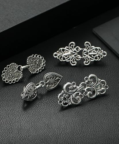 Akeoqi 10Pcs Vintage Sweater Shawl Clips Retro Cardigan Swirl Cape Cloak Collar Clasps Hearts Flowers Geometric Patterns Brooches Dress Jackets Shirt Waist Cincher for Women Men Silver Plated