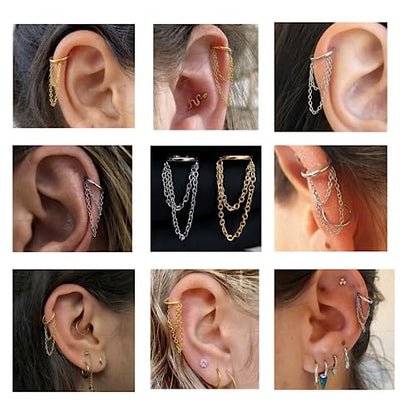 16G Titanium Cartilage Earrings Hoop 7mm 9mm Helix Piercing Jewelry with Single/Double/Triple Chains Hypoallergenic Hinged Clicker - style: polish 2 chains 9mm