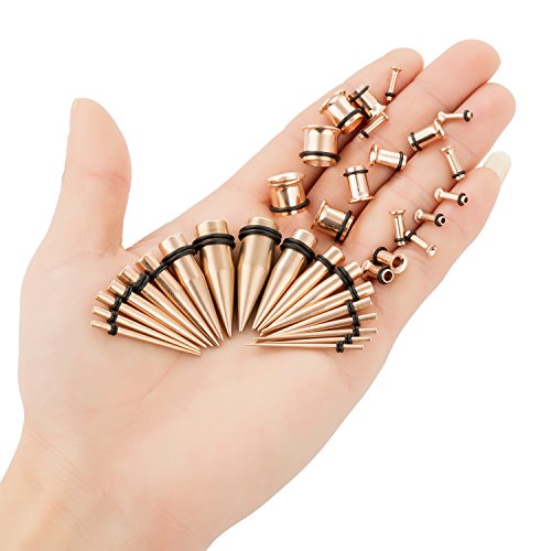 36pcs Ear Stretching Kit 14G-00G Surgical Steel Tapers Tunnels Gauges Set for Starter Women and Men Expanders Body Piercing Jewelry - color: Rose Goldtone