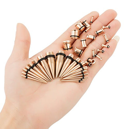 36pcs Ear Stretching Kit 14G-00G Surgical Steel Tapers Tunnels Gauges Set for Starter Women and Men Expanders Body Piercing Jewelry - color: Rose Goldtone