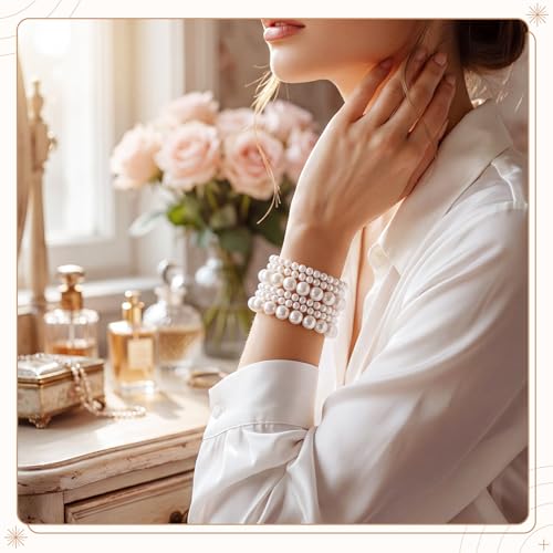 12 Pcs Pearl Bracelets for Women Faux Pearl Bracelet Stackable Boho Jewelry for Daily Wear Bridesmaid Bridal Wedding