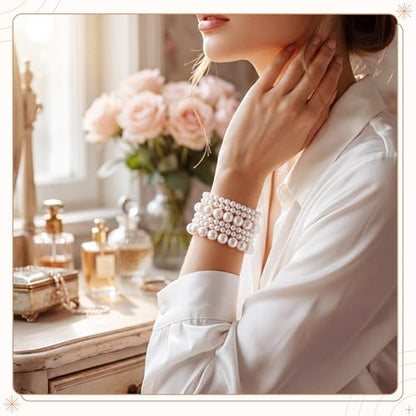 12 Pcs Pearl Bracelets for Women Faux Pearl Bracelet Stackable Boho Jewelry for Daily Wear Bridesmaid Bridal Wedding