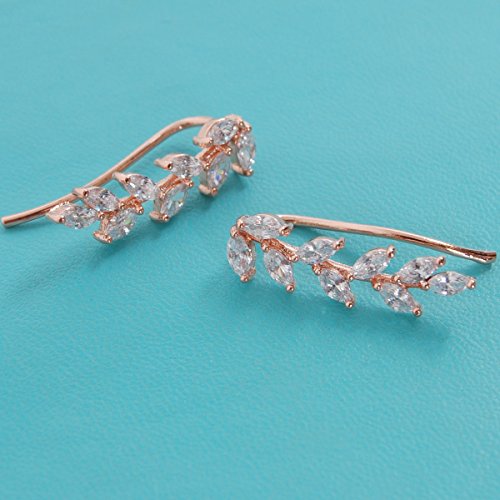 14K Gold or 925 Silver Plated Ear Crawler Earrings - Crystal Leaf Climbers | Hypoallergenic and Safe for Sensitive Ears - color: 14K Rose Gold Plated