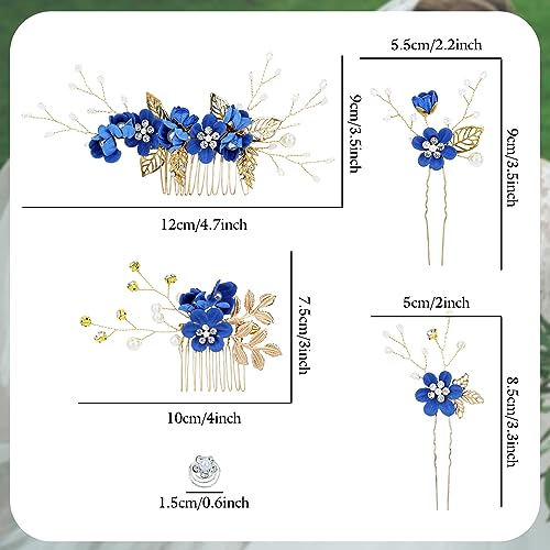 Cinaci 18 Pieces Bridal Wedding Party Prom Pearl Rhinestone Royal Blue Flower Hair Side Combs Slides+U-shaped Flower Hair Pins+Twist Spiral Hairpins Floral Headpieces for Brides Bridesmaids Women Girs - color: Royal Blue