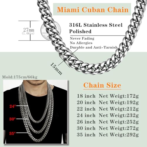ROWIN&CO Miami Cuban Link Chain for Men 15mm Silver Stainless Steel Curb Necklace, Hip Hop Jewelry, Durable & Anti-Tarnish Mens Chain 18" 20" 22" 30" Inch, Pops Gifts For Fathers Boyfriends, Sons - size: 18 inch