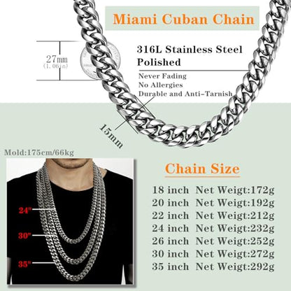 ROWIN&CO Miami Cuban Link Chain for Men 15mm Silver Stainless Steel Curb Necklace, Hip Hop Jewelry, Durable & Anti-Tarnish Mens Chain 18" 20" 22" 30" Inch, Pops Gifts For Fathers Boyfriends, Sons - size: 20 inch