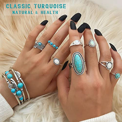 IFKM Bohemian Jewelry Set With Turquoise Necklace, Dangle Earrings, Stackable Bangle Bracelets, Knuckle Rings For Women Vintage Western Boho Turquoise Anniversary Birthday Friendship Gift - style: Western cowboy