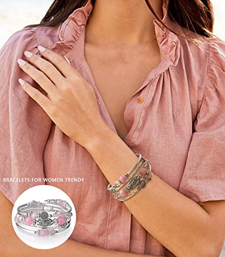 FULU AUTUMN Stackable Beaded Bracelets for Women Boho Wrap Silver Bracelet Layered Fashion Jewelry Gifts for Her - color: Pink