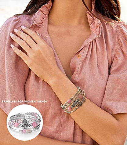 FULU AUTUMN Stackable Beaded Bracelets for Women Boho Wrap Silver Bracelet Layered Fashion Jewelry Gifts for Her - color: Pink