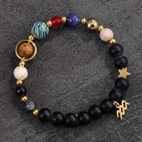 Solar System Planet Bead Zodiac Sign Stretch Bracelet for Men Women | Matte black beads with solar system planet stones, unisex design, perfect birthday holiday gift for men women - color: Aquarius