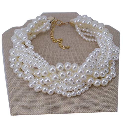 utop JNF Hand made Pearl Statement Necklace for Women Rhinestone Multilayer Crystal Necklaces Chunky Pearl Necklace Large Pearl Necklace and Earrings Set for Mother Mom's gift - color: white pearl choker necklaces