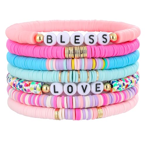 Summer Surfer Heishi Bracelet Set for Women Stackable Gold Plated Clay Ploymer Bead Stretch Pink Beach Layering Bracelets Jewelry - color: B-A4 love 7pcs