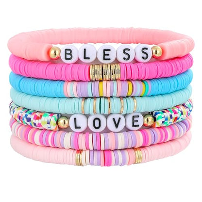Summer Surfer Heishi Bracelet Set for Women Stackable Gold Plated Clay Ploymer Bead Stretch Pink Beach Layering Bracelets Jewelry - color: B-A4 love 7pcs