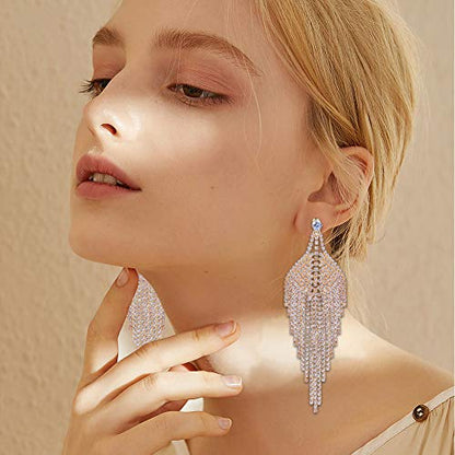 Silver Rhinestone Crystal Bridal Chandelier Long Tassels Dangle Earrings for Wedding - color: A-4
