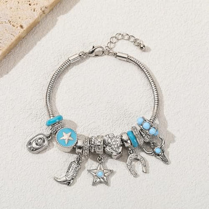 Madison Tyler Gold Plated Bracelet for Women | Celestial Rectangular Plaque Evil Eye Ace of Hearts Playing Card Beaded Charm Bracelet | Cute Adjustable Snake Chain Bracelet - style: Western Cowboy