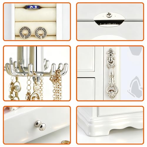 RR ROUND RICH DESIGN Solid Wood Jewelry Box White | Large Organizer with 4 Drawers, Built-in Necklace Carousel & Large Mirror - style: Fashion White