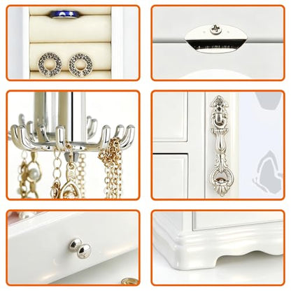 RR ROUND RICH DESIGN Solid Wood Jewelry Box White | Large Organizer with 4 Drawers, Built-in Necklace Carousel & Large Mirror - style: Fashion White