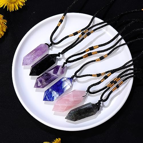 Runyangshi Rose Quartz Healing Crystal Pendants, Double Pointed Natural Crystal Quartz Necklace 6 Faceted Chakra Crystal Wand Stone - color: Rose Quartz
