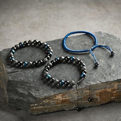 SAMXY Triple Protection Bracelet, 8mm Healing Crystal Bead Bracelet, 3pcs Blue Red Tiger's Eye Obsidian Hematite Bracelet Women Men - color: 3pcs-Blue
