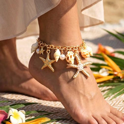 Sea Shell Starfish Anklet with Pearl Charms, Layered Heart Beach Statement Chunky Ankle Bracelet, Gold Tone Chain - color: Gold A