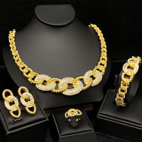 Fashion Crystal Jewelry Set For Women 18 K Gold Plated Jewelry Wedding Bride Dubai Gold Necklace Earrings Bracelet Ring 4 Pieces Set - color: S-701
