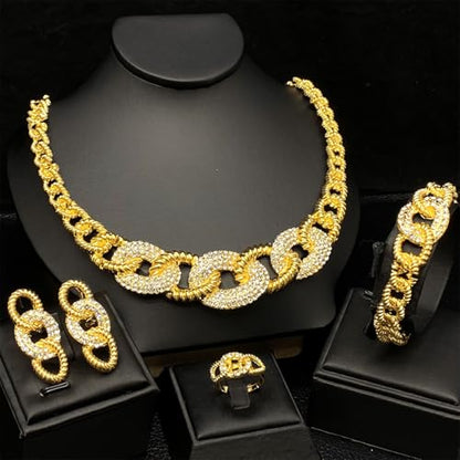 Fashion Crystal Jewelry Set For Women 18 K Gold Plated Jewelry Wedding Bride Dubai Gold Necklace Earrings Bracelet Ring 4 Pieces Set - color: S-701