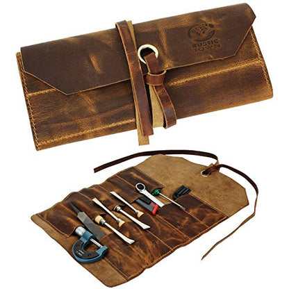 Leather Tool Roll Up Pouch - Leather Tool Wrench Roll/Chisel Bag by Rustic Town | Fit Carving & Hand Tools up to 9 inches, Compact Carry for Woodworkers, Electricians and DIY Projects, Secure Tie Closure - style: 10 Slots(medium)