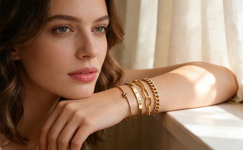 Alegend 14K Gold Plated Stackable Multilayer Bracelets + Titanium Steel(Not Rust, Resist Corruption, Easily Clean) 18K Gold Plated Single Bracelets - color: 14K Gold Plated Four-Layered A