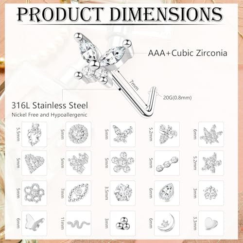 35-70 PCS 18G 20G Nose Rings for Women & Men - Gold Hoops, L Shape, Studs & Screw - 316L Surgical Stainless Steel - color: Silver-Clear CZ-20G-20pcs