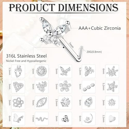 35-70 PCS 18G 20G Nose Rings for Women & Men - Gold Hoops, L Shape, Studs & Screw - 316L Surgical Stainless Steel - color: Silver-Clear CZ-20G-20pcs