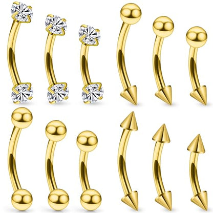 16G Eyebrow Rings Rook Piercing Jewelry 316L Surgical Steel Curved Barbells Vertical Lip labret Snake Eyes Piercing Jewelry Tongue Small Belly Ring 6mm 8mm 10mm Silver Black Gold - color: Gold