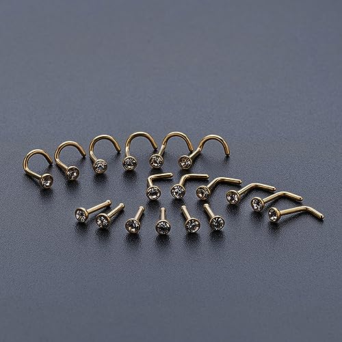 20G & 18G Nose Rings - Black, Silver & Gold Stainless Steel Studs & Screws - L Shaped & Bone Nose Rings Set - Clear CZ Nostril Piercing Jewelry - color: Gold: 3mm White CZ/ Nose Screw/ 18G/ 6Pcs