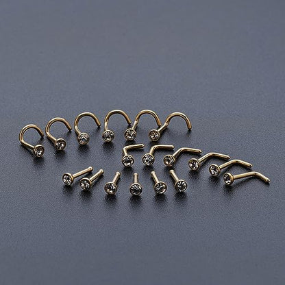 20G & 18G Nose Rings - Black, Silver & Gold Stainless Steel Studs & Screws - L Shaped & Bone Nose Rings Set - Clear CZ Nostril Piercing Jewelry - color: Gold: 3mm White CZ/ Nose Screw/ 18G/ 6Pcs