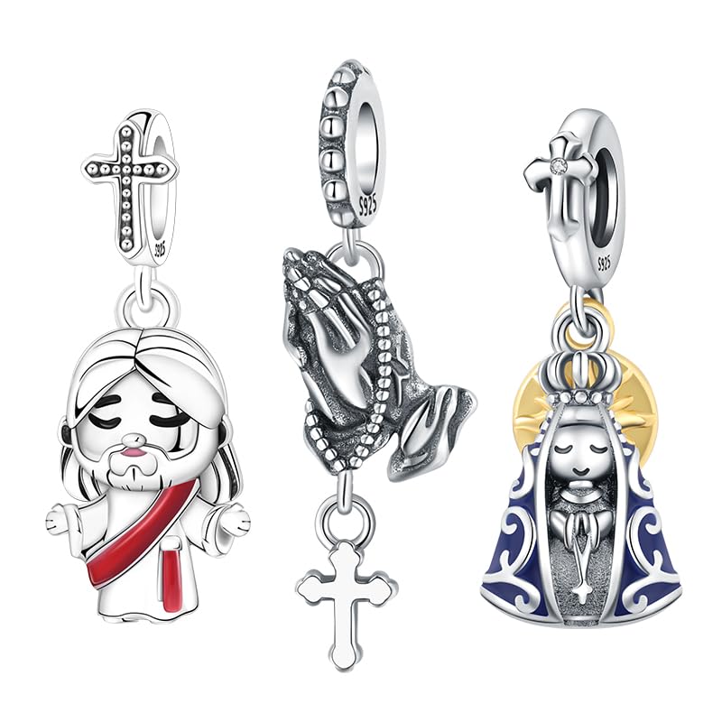 925 Sterling Silver Charms for Bracelets and Necklace Religious Cross Pendants Praying Hands, Bible, Virgin Mary, Jesus, Church Bead Jewelry - color: Religious Set