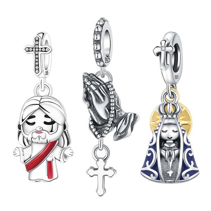 925 Sterling Silver Charms for Bracelets and Necklace Religious Cross Pendants Praying Hands, Bible, Virgin Mary, Jesus, Church Bead Jewelry - color: Religious Set