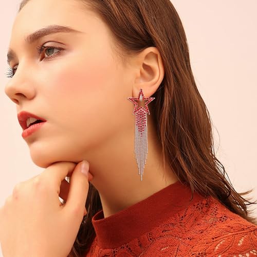 EVER FAITH Crystal Long Waterfall Star Tassel Clip-on Earrings for Women | Rhinestone Beaded Fringe Chandelier Dangle Statement Earring, Wedding Party Jewelry - color: Red Silver-Tone
