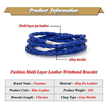 Xusamss Fashion Alloy Buckle Multilayer Leather Wrap Cuff Bracelet,7.5inches - color: Blue