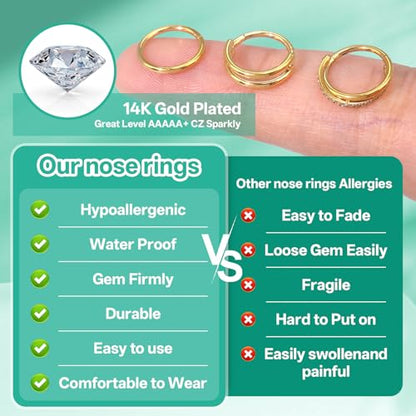 davka Nose Ring Set, 18G Hinged Hoop 8mm & 20G Nose Studs, Stainless Steel & Gold Plated, Hypoallergenic, Multiple Styles Nose Piercing Jewelry - color: Gold/3Pcs Hoops/18gauge 8mm/Set D