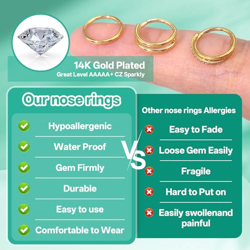 davka Nose Ring Set, 18G Hinged Hoop 8mm & 20G Nose Studs, Stainless Steel & Gold Plated, Hypoallergenic, Multiple Styles Nose Piercing Jewelry - color: Gold/3Pcs Hoops/18gauge 8mm/Set D