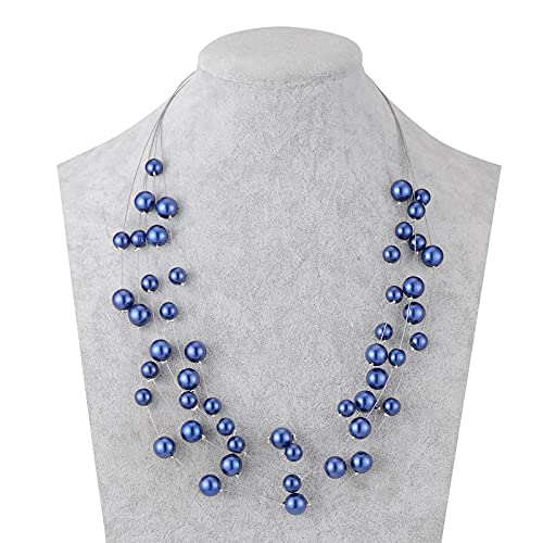 FULU AUTUMN Layered Pearl Necklace Multi-strand Pearl Choker Necklaces for Women Beaded jewelry for Wedding Parties - color: Blue