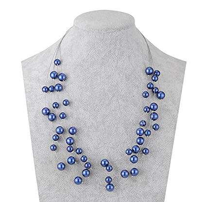 FULU AUTUMN Layered Pearl Necklace Multi-strand Pearl Choker Necklaces for Women Beaded jewelry for Wedding Parties - color: Blue