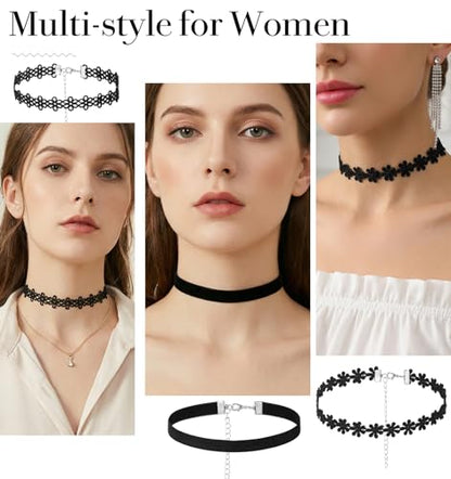 Women's Choker Necklaces, 6-Piece Black Velvet Choker Necklace Set, Adjustable Gothic Vintage Collar Necklaces, Y2K Aesthetic Layered Choker Jewelry for Party Daily Wear