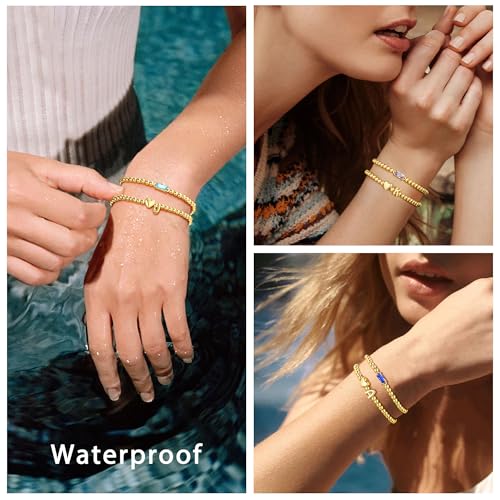 Turandoss Birthstone Beaded Bracelets for Women – Dainty 14K Gold Plated Heart Initial A-Z Charm Birthstone Bracelets, Stackable Waterproof Strand Bead Ball Bracelet Jewelry Birthday Gifts - color: Sep-Sapphire, style: N