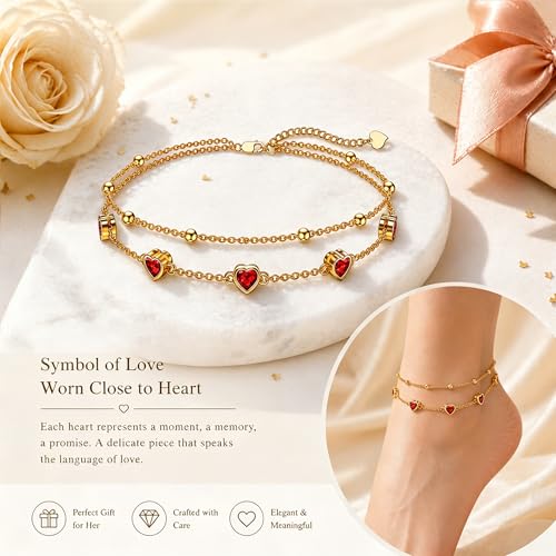 Midari 18K Yellow Gold Gemstone Birthstone Anklet Bracelet Heart Jewelry with 12 Months Birthstone Birthday Gifts for Women Wife Her Daughter Mom - color: 07-Jul-Ruby, size: Anklet 9"-11"