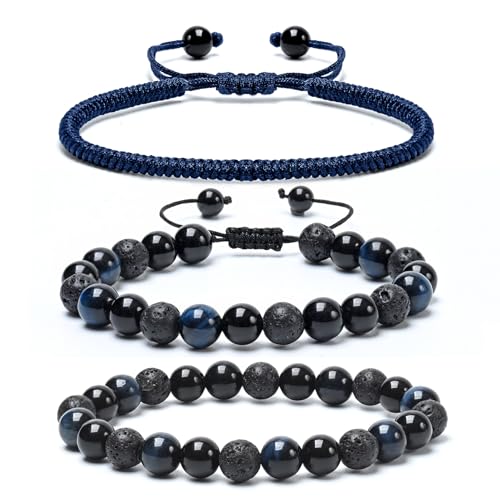 SAMXY Triple Protection Bracelet, 8mm Healing Crystal Bead Bracelet, 3pcs Blue Red Tiger's Eye Obsidian Hematite Bracelet Women Men - color: 3pcs-Blue